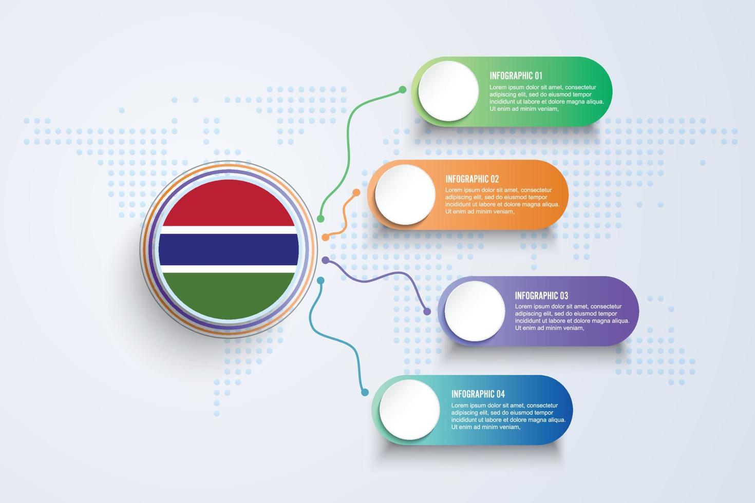 bandeira da Gâmbia com design infográfico isolado no mapa-múndi de pontos vetor