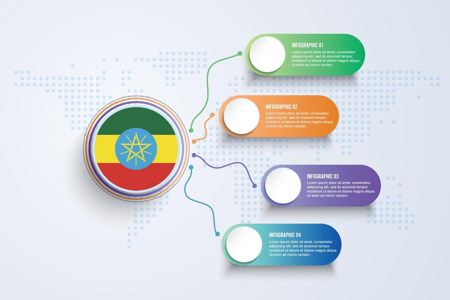 Bandeira da Etiópia com design infográfico isolado no mapa-múndi de pontos vetor