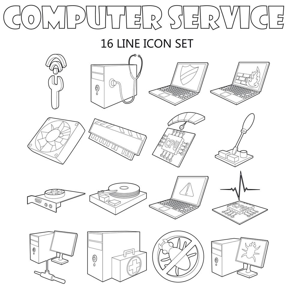 conjunto de ícones de serviço de computador, estilo de estrutura de tópicos vetor