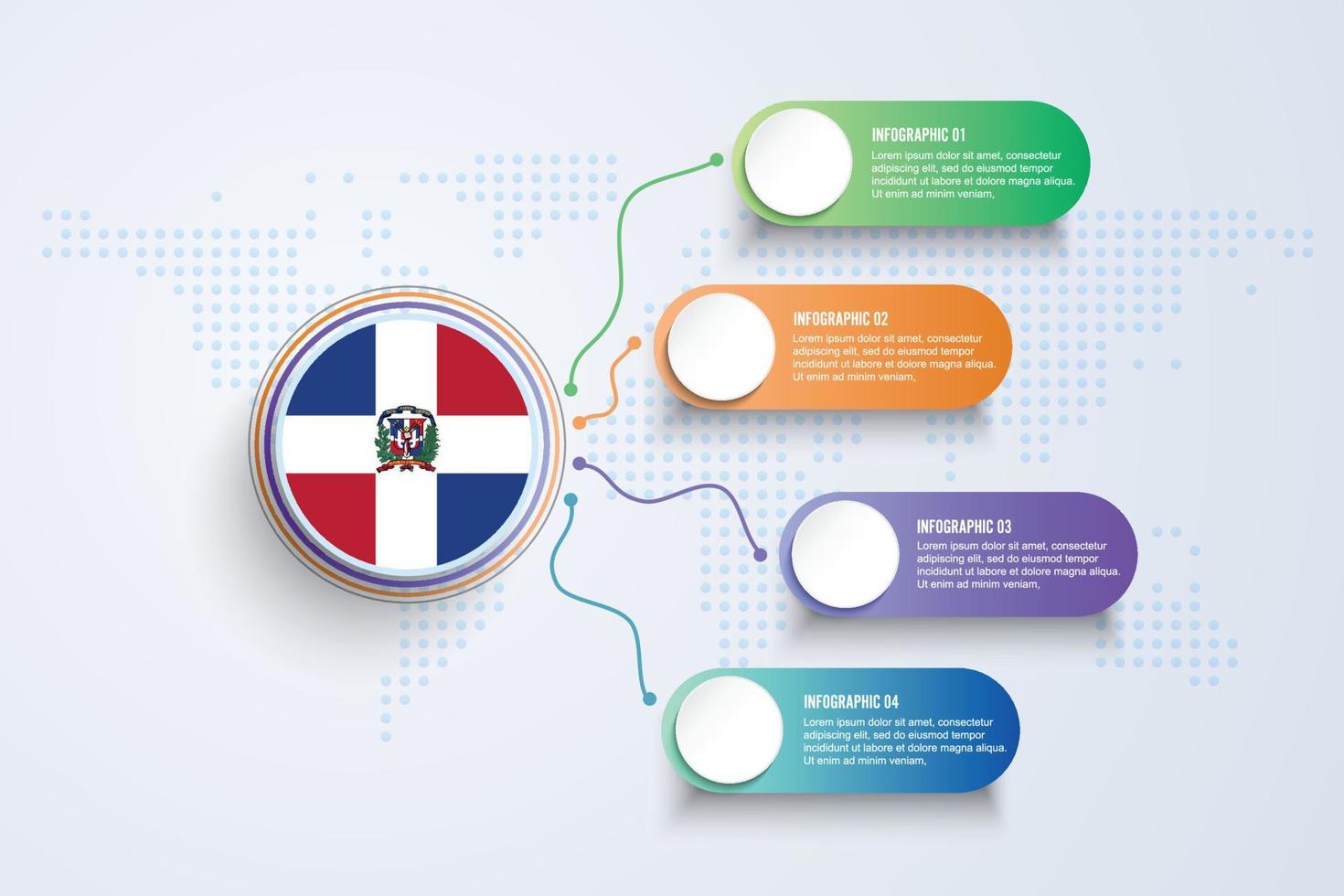 Bandeira da República Dominicana com design infográfico isolado no mapa-múndi de pontos vetor