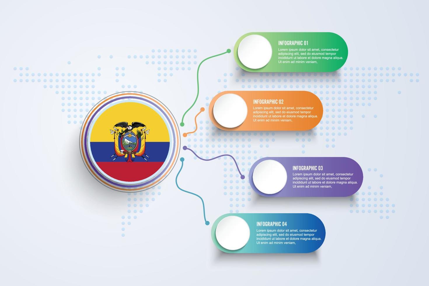 Bandeira do Equador com design infográfico isolado no mapa-múndi de pontos vetor