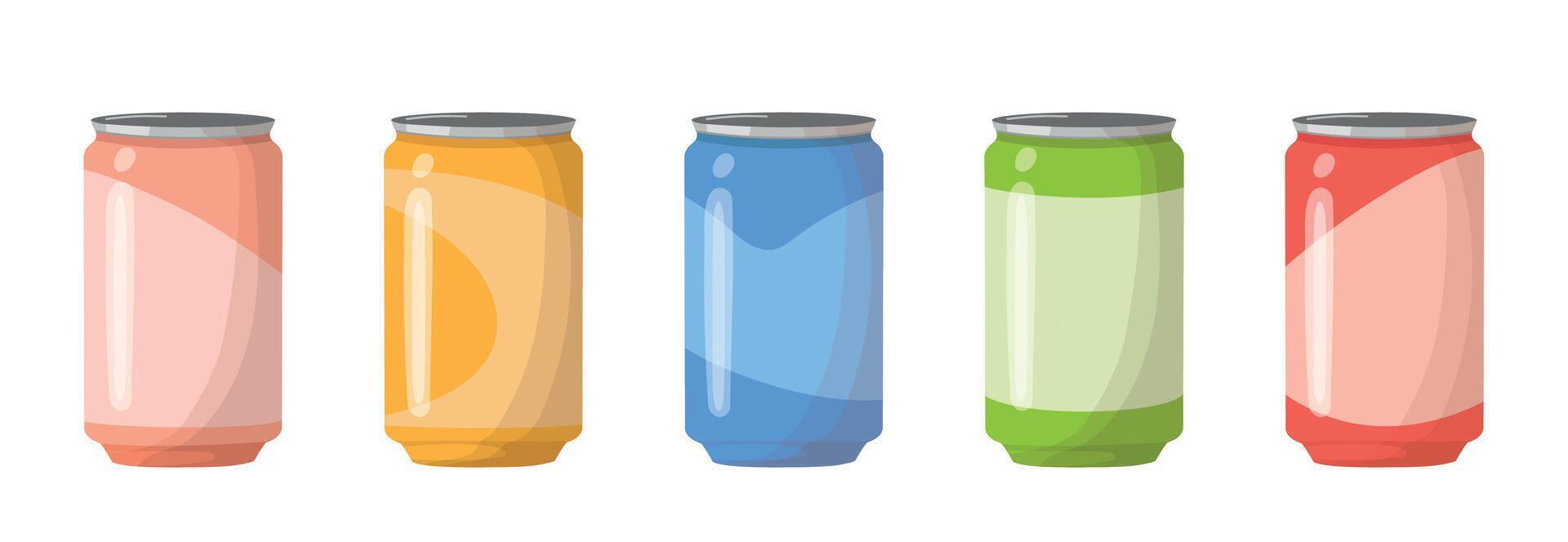 refrigerante conjunto dentro alumínio latas. bebidas dentro colori embalagem. frio bebidas placa. carbonatado não alcoólico água. vetor ilustração isolado em branco fundo.