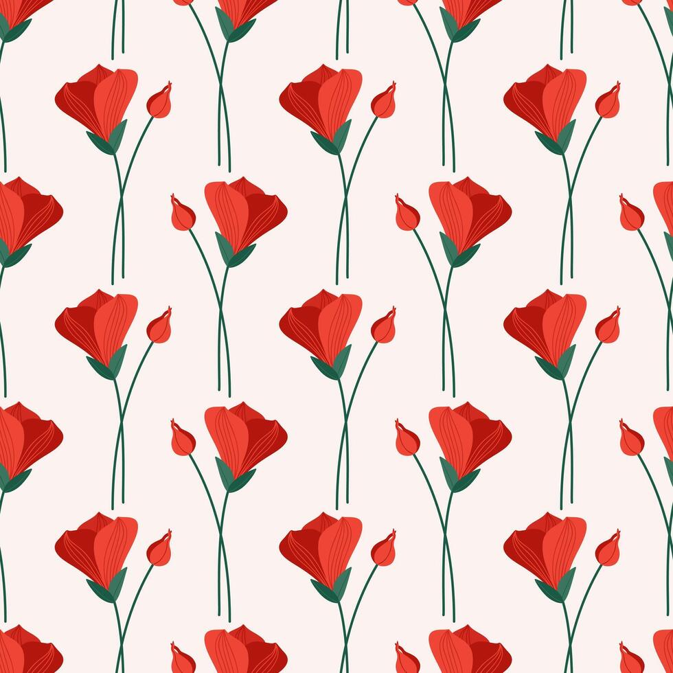 desatado padronizar com vermelho alstroemeria flores em uma bege fundo. verão floral vetor ilustração. brilhante Primavera botânico imprimir, moderno estilo Projeto