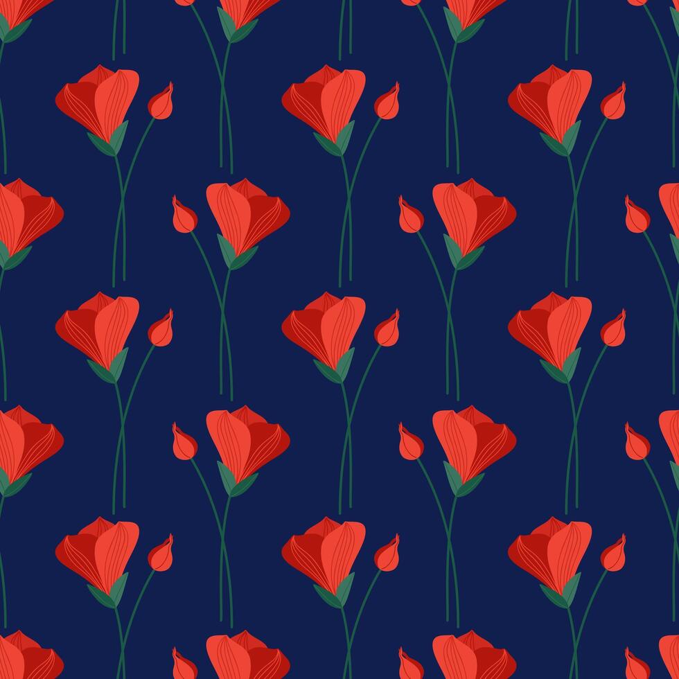 desatado padronizar com vermelho alstroemeria flores em uma azul fundo. verão floral vetor ilustração. brilhante Primavera botânico imprimir, moderno estilo Projeto