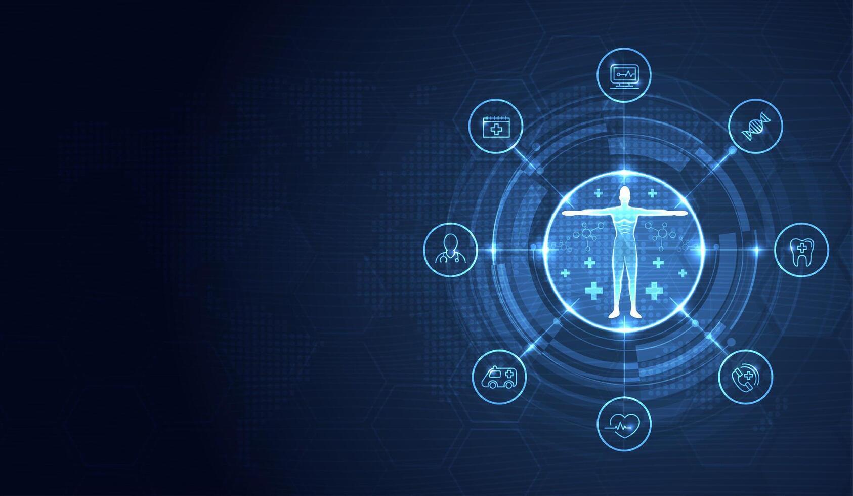 saúde Cuidado médico e holograma com corpo. ícone digital tecnologia mundo conceito moderno negócios. inovação, tratamento, remédio. abstrato sobre Oi tecnologia futuro azul fundo e médico pesquisar. vetor