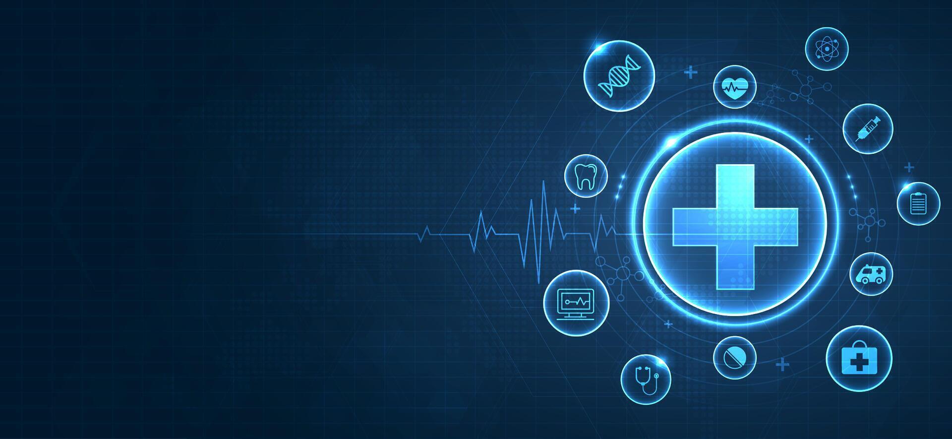 mundo saúde dia é uma global saúde consciência dia célebre cada ano em 7º abril. saúde Cuidado médico Ciência com ícone digital tecnologia mundo conceito moderno negócios. vetor Projeto