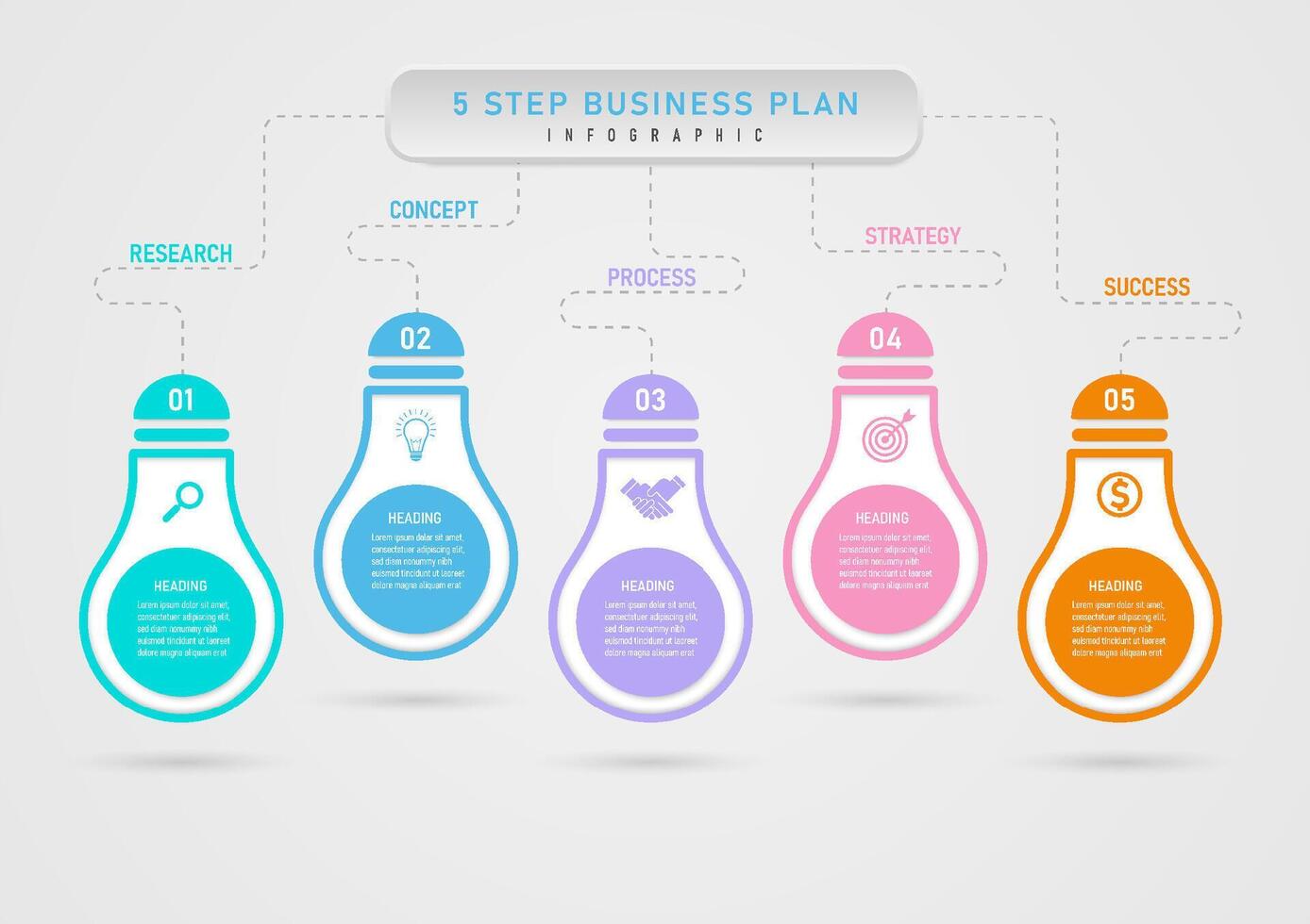infográfico modelo 5 passos o negócio planejamento para sucesso multi colori luz lâmpadas em topo com números dentro a meio com ícones a círculo abaixo tem texto. linhas e cartas com topo botões vetor