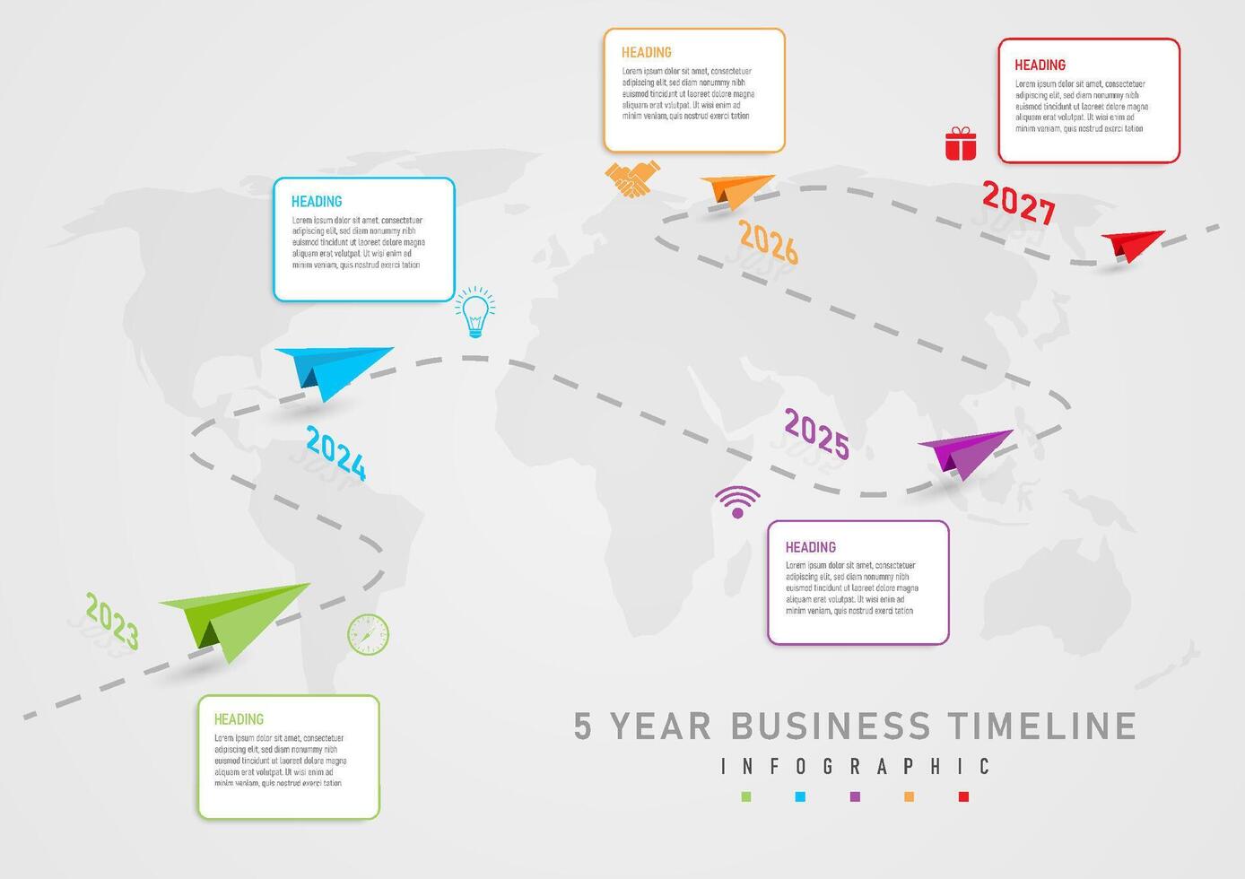 infográficos 5 ano Linha do tempo modelo, pontilhado linhas com multicolorido papel avião acima. uma quadrado com branco texto dentro a meio e a ano número com uma multicolorido mapa ícone abaixo. vetor