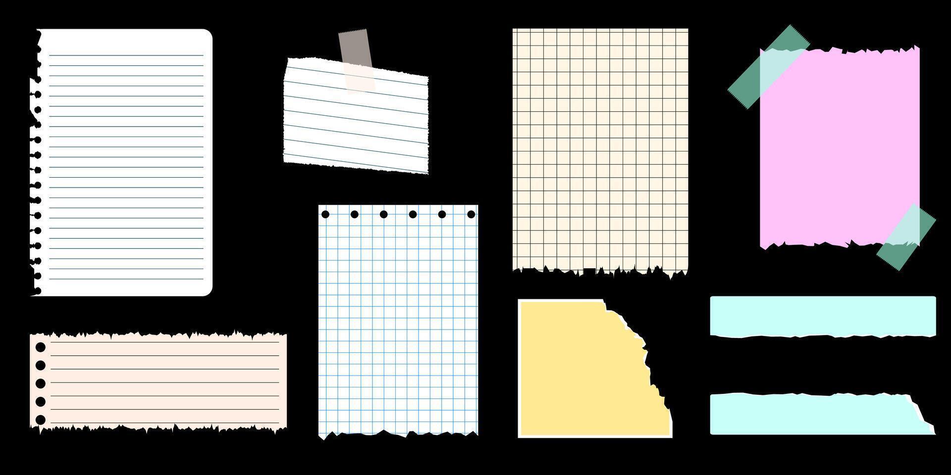 uma conjunto do rasgado papel, caderno folhas. na moda elementos para colagem vetor