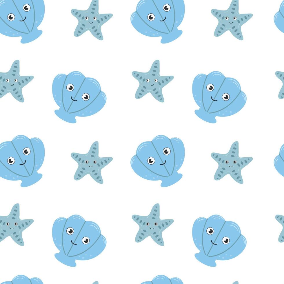 estrelas do mar desatado padronizar. na moda desenho animado Concha do mar padronizar com estrelas do mar para invólucro papel, papel de parede, adesivos, bloco de anotações cobrir. vetor