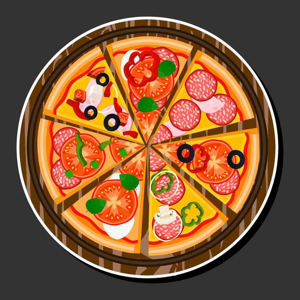 ilustração em tema grande quente saboroso pizza para pizzaria cardápio vetor