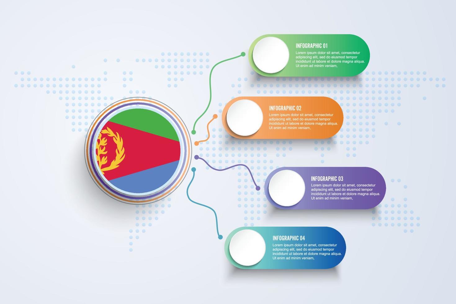 Bandeira da Eritreia com design infográfico isolado no mapa-múndi de pontos vetor