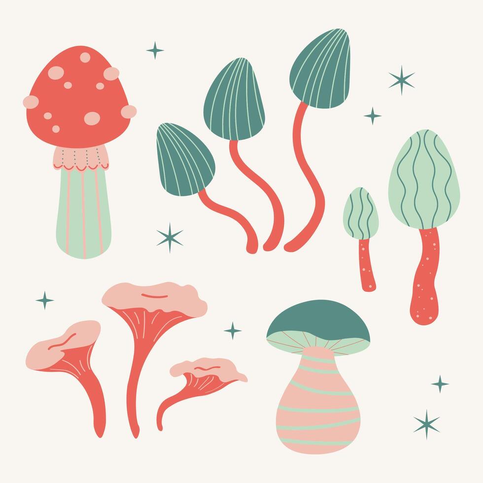 cogumelos cartão fundo mão desenhado desenho animado vetor ilustração em isolado fundo. venenoso e comestível cogumelo, chanterelle, cep, amanita, floresta selvagem cogumelos tipos, estrelas, Magia símbolo