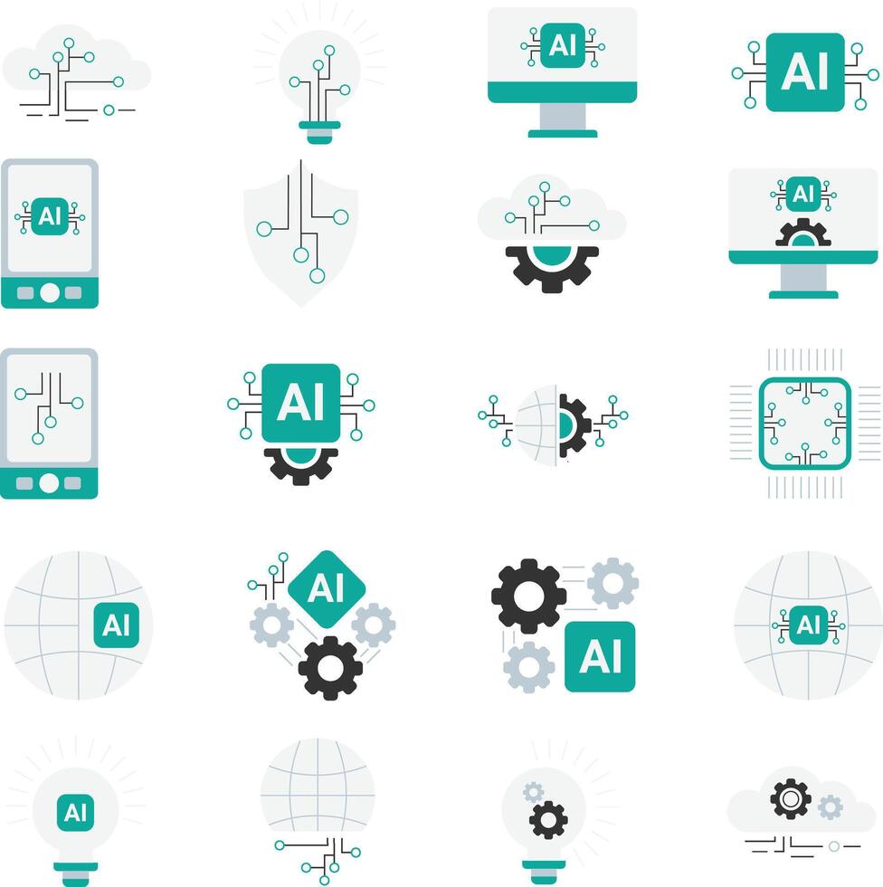artificial inteligência plano cor ícones definir. vetor ilustração moderno estilo ícones do ai tecnologia e possibilidades.