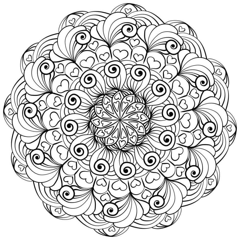 lineart mandala com redemoinhos, espirais e corações, zen coloração página para criativo feriado Projeto vetor