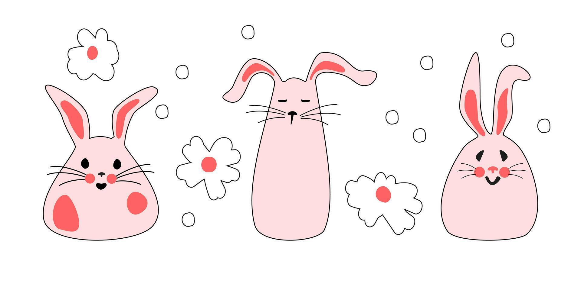 conjunto do fofa Rosa coelhos com flores Páscoa coelhos para impressão em crianças produtos, adesivos e faixas em uma branco fundo. isolado vetor ilustração.