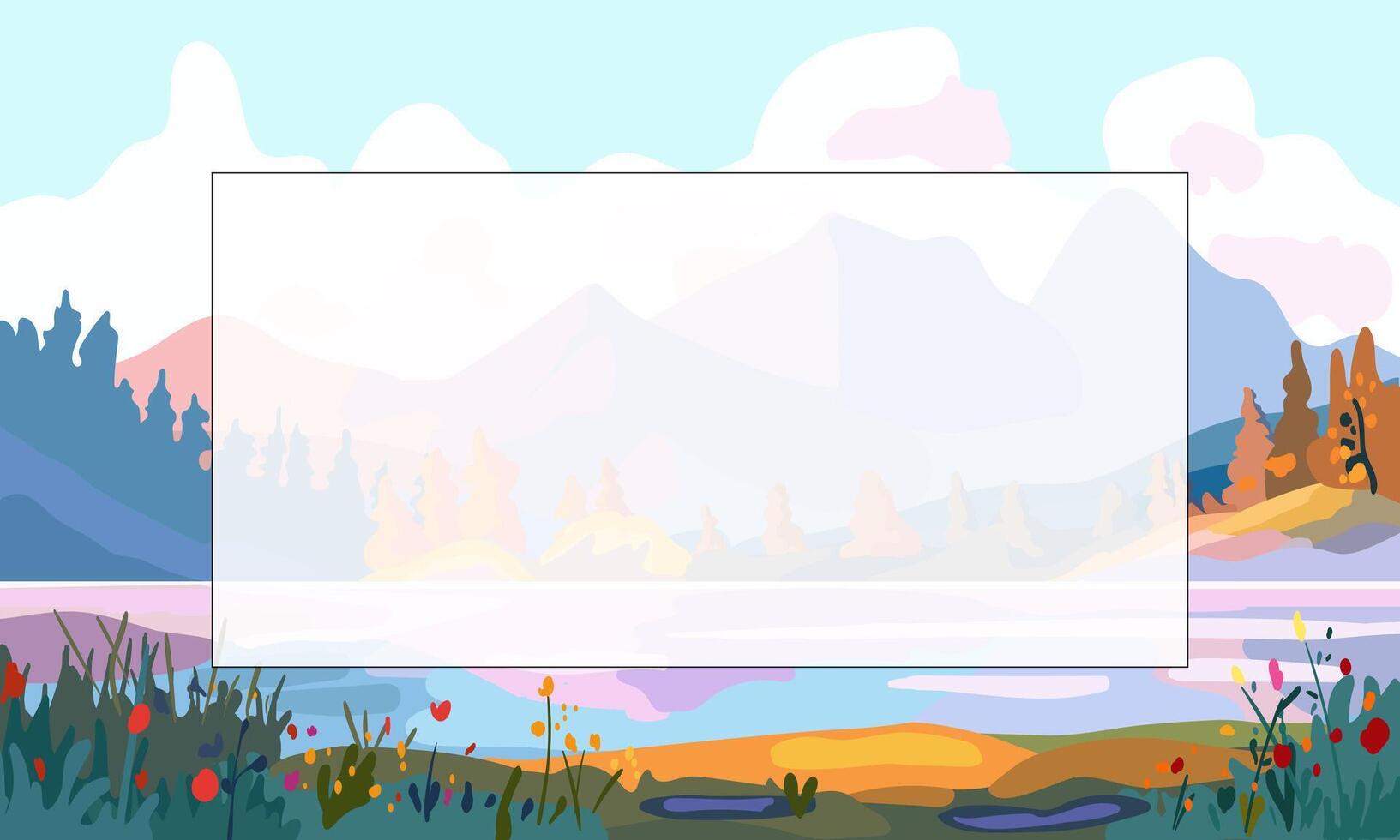 bandeira e turismo anúncio. fundo com uma panorama perto uma montanha lago. rio banco às pôr do sol. vetor