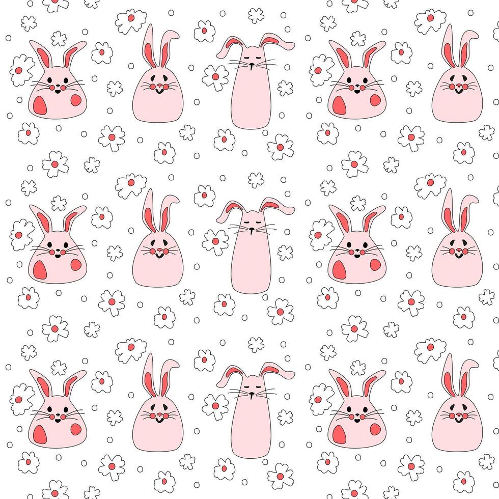 desatado padronizar com Rosa coelhos com flores Páscoa coelhos para impressão em crianças produtos, tecido e papel de parede em uma branco fundo. desenho animado vetor ilustração.