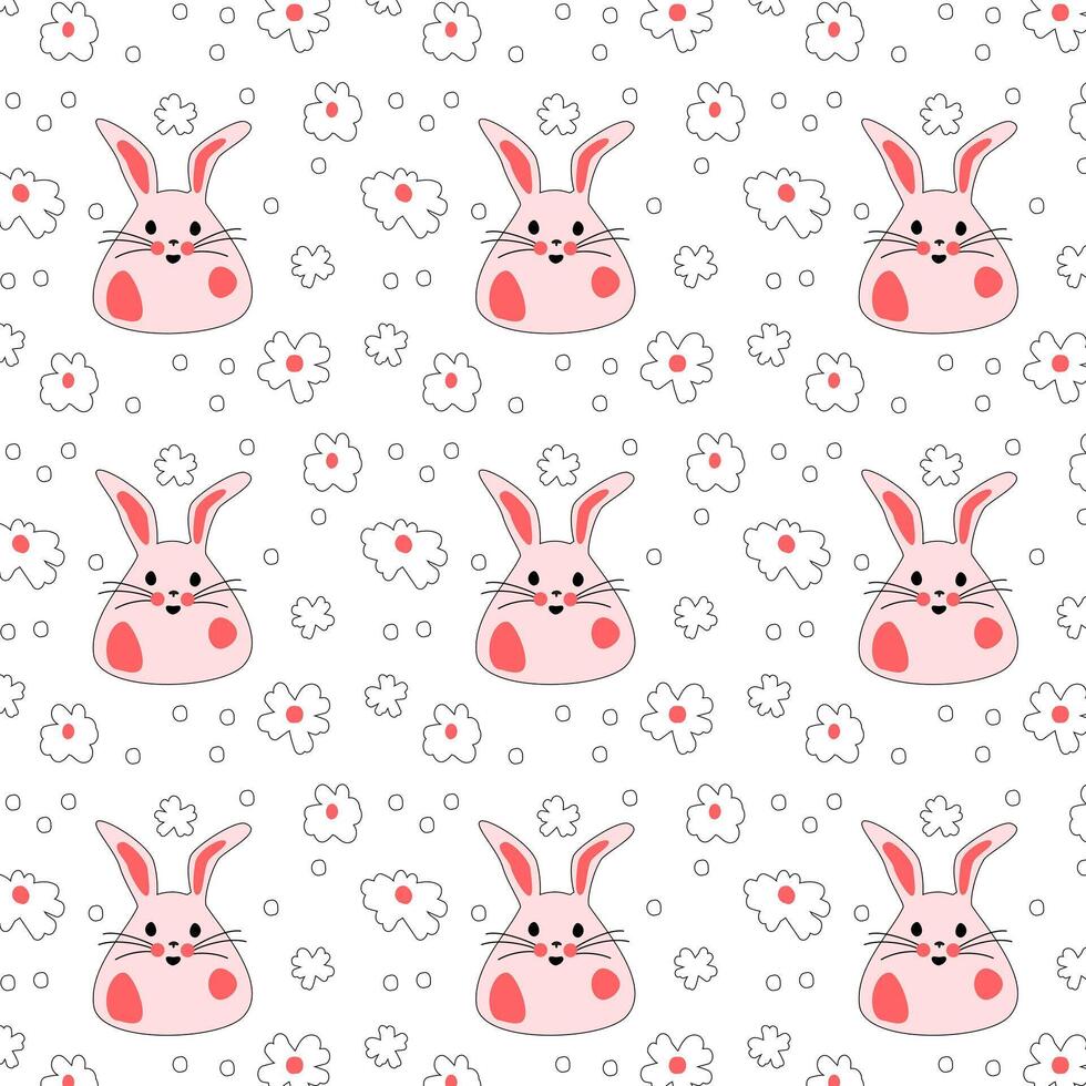 desatado padronizar com Rosa coelhos com flores Páscoa coelhos para impressão em crianças produtos, tecido e papel de parede em uma branco fundo. desenho animado vetor ilustração.