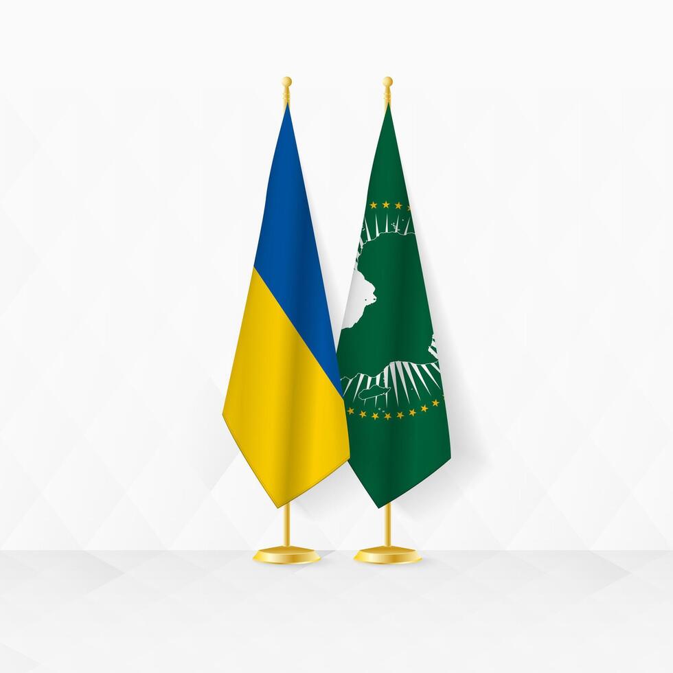 Ucrânia e africano União bandeiras em bandeira ficar em pé, ilustração para diplomacia e de outros encontro entre Ucrânia e africano União. vetor