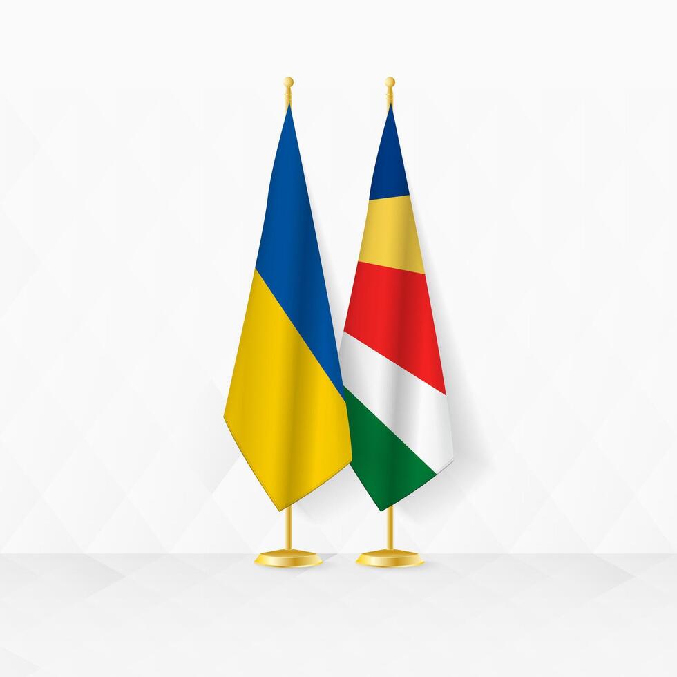 Ucrânia e seychelles bandeiras em bandeira ficar em pé, ilustração para diplomacia e de outros encontro entre Ucrânia e seychelles. vetor