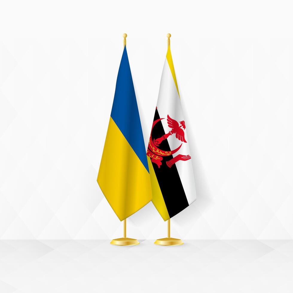 Ucrânia e brunei bandeiras em bandeira ficar em pé, ilustração para diplomacia e de outros encontro entre Ucrânia e brunei. vetor