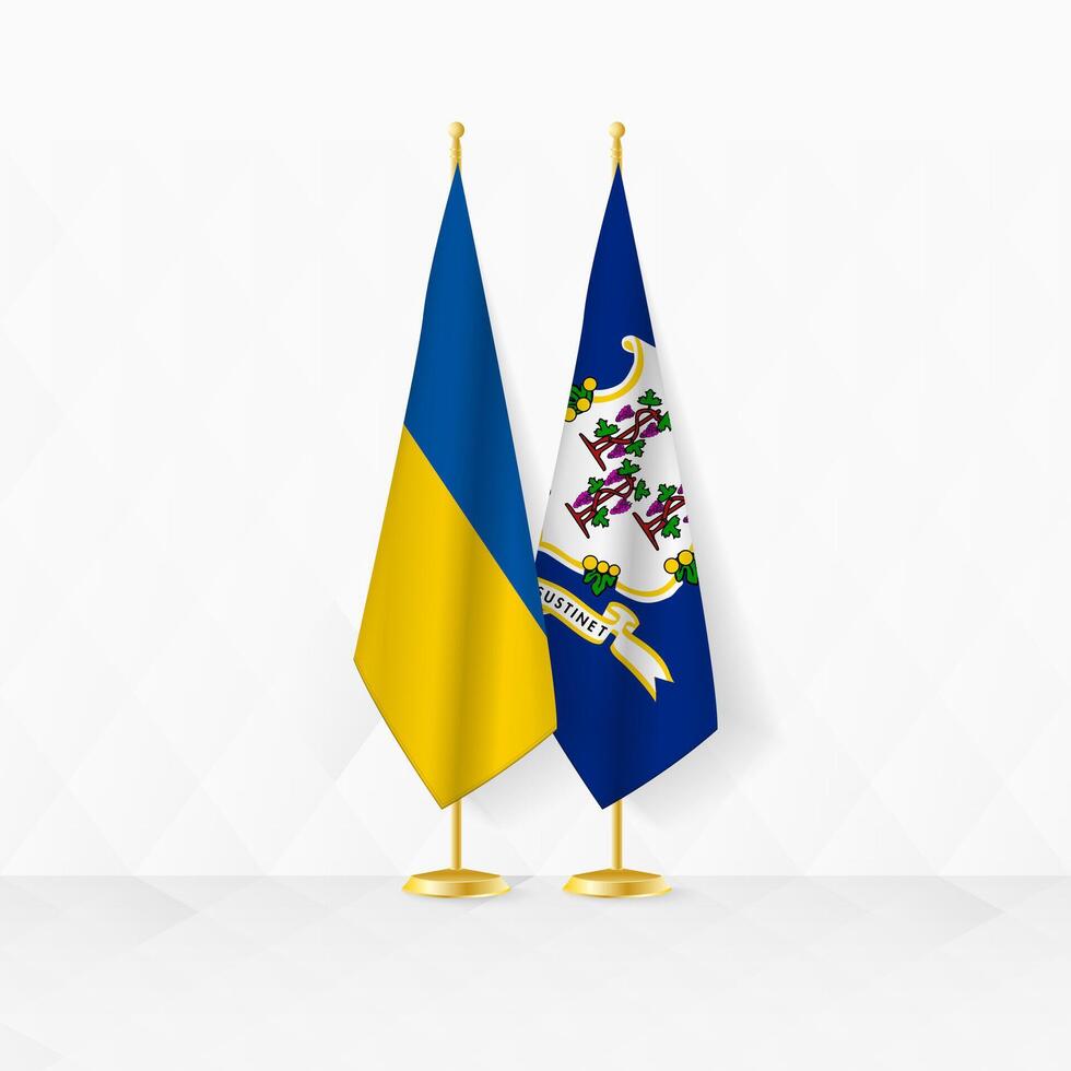 Ucrânia e Connecticut bandeiras em bandeira ficar em pé, ilustração para diplomacia e de outros encontro entre Ucrânia e connecticut. vetor
