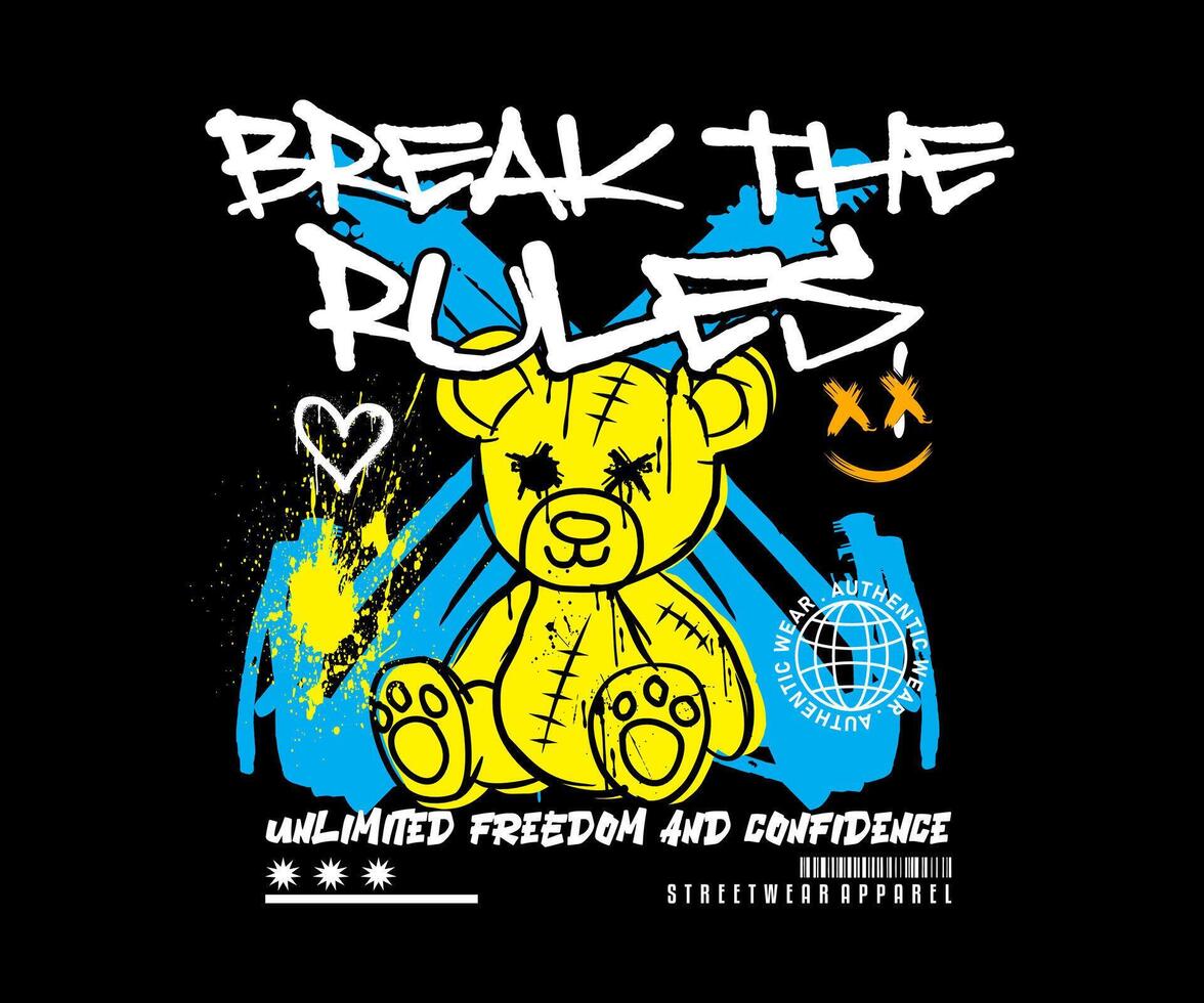 pausa a regras tipografia slogan com Urso boneca grafite arte estilo vetor ilustração em Preto fundo para streetwear t camisa Projeto.