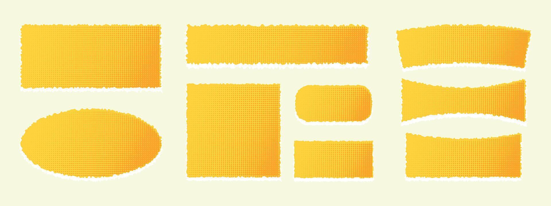uma kit do amadurecido papel fitas. rasgado construir caderno formas. corte, rasgar, laranja cor foto quadro. pop arte estilo. vintage meio-tom elementos. vetor ilustração isolado em amarelo fundo.