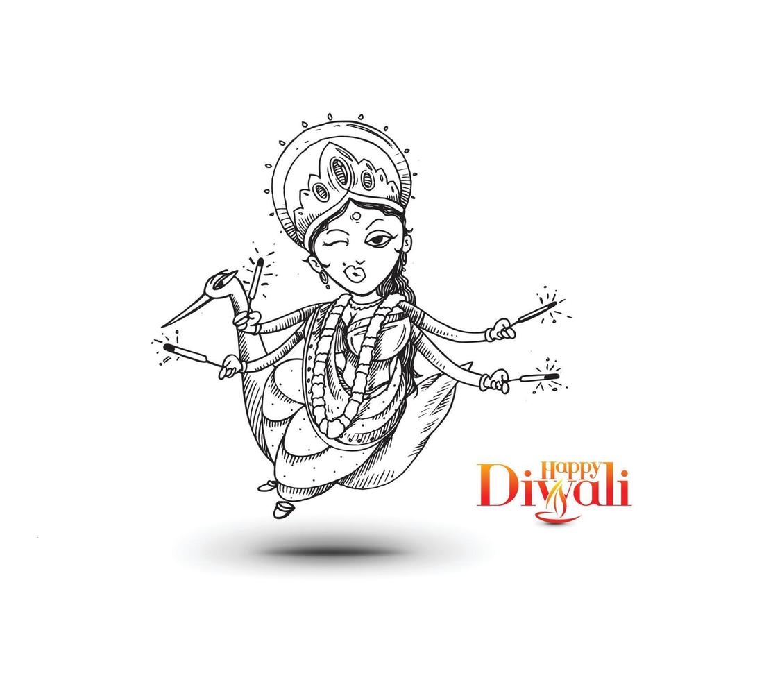 deus hindu laxmi com texto do feliz festival de diwali, ilustração em vetor esboço desenhado à mão.