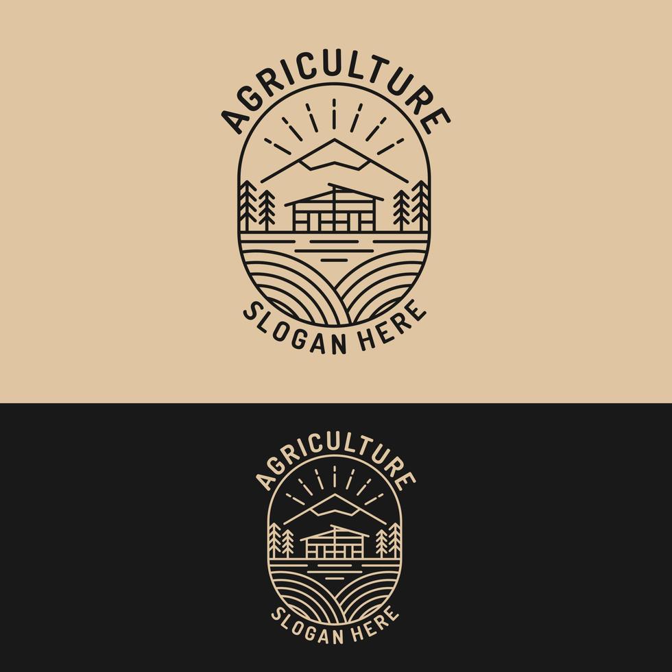 campo de fazenda com casa de campo e montanha em modelo de design de logotipo de estilo de linha vetor