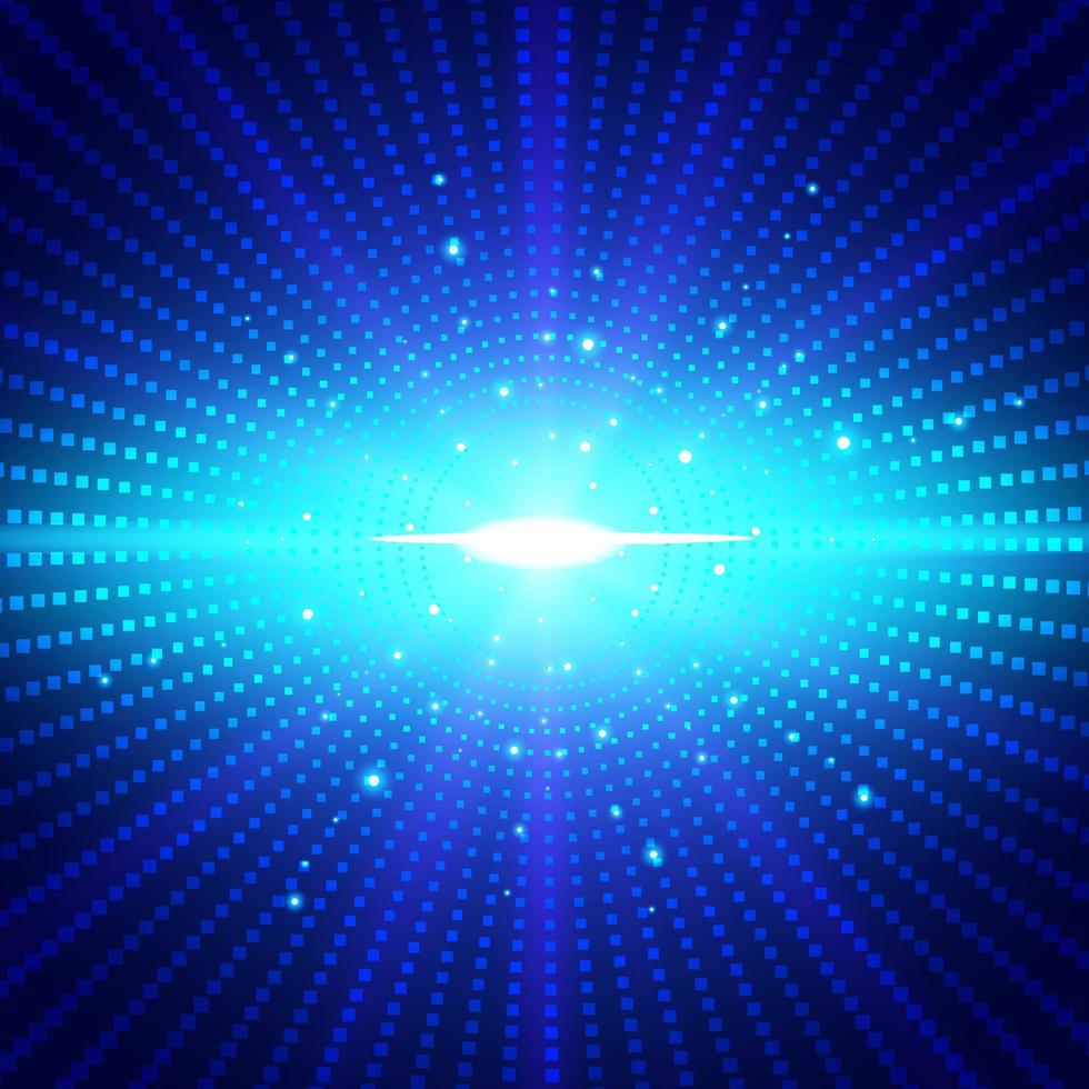 Efeito de explosão de luz radial de néon azul futurista de tecnologia abstrata em fundo escuro. vetor