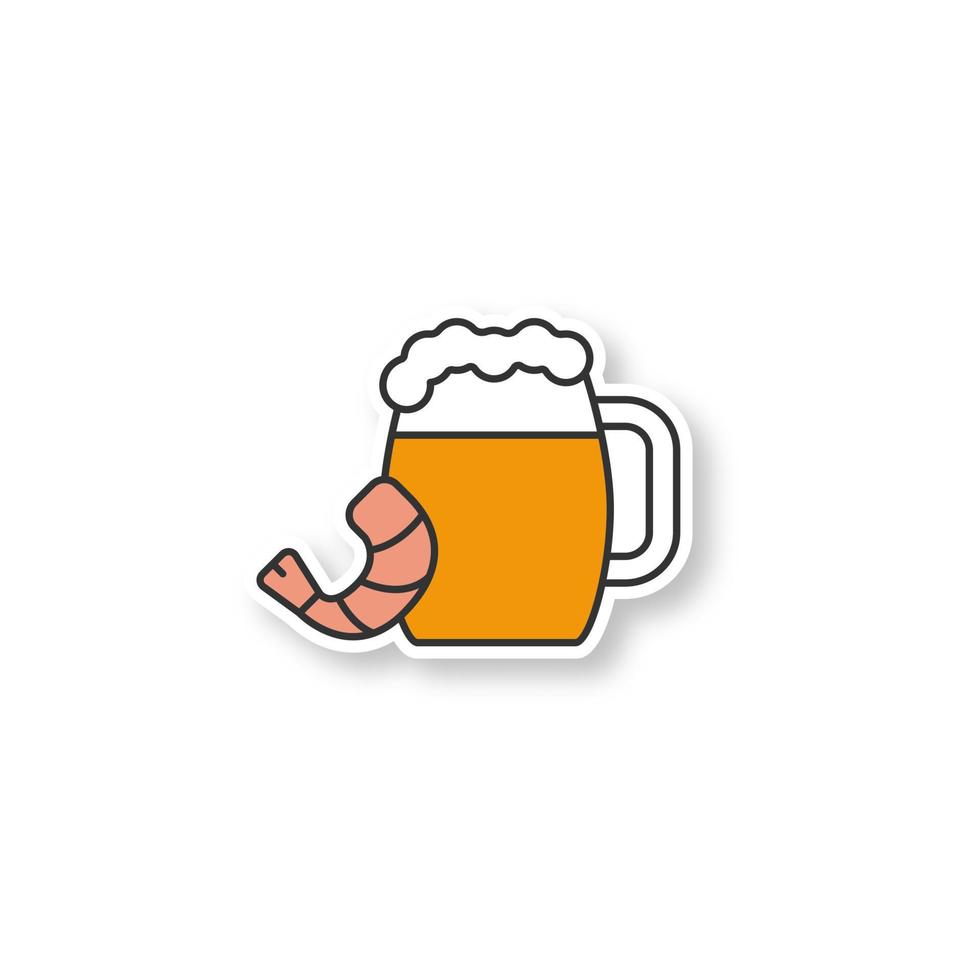caneca de cerveja com patch de camarão. cerveja. adesivo de cor. ilustração isolada do vetor