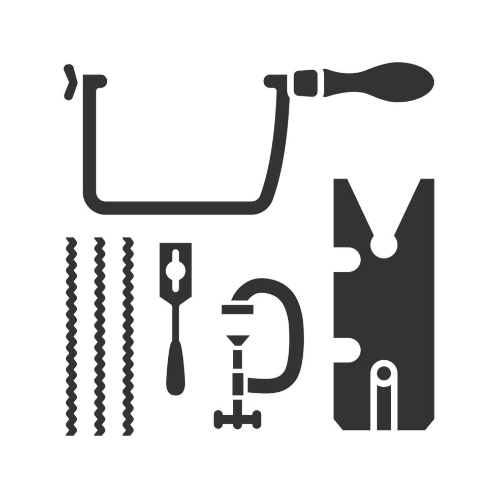joalheiros viram definir o ícone de glifo. símbolo da silhueta. fretsaw com pinça, lâminas e pino de bancada. espaço negativo. ilustração isolada do vetor