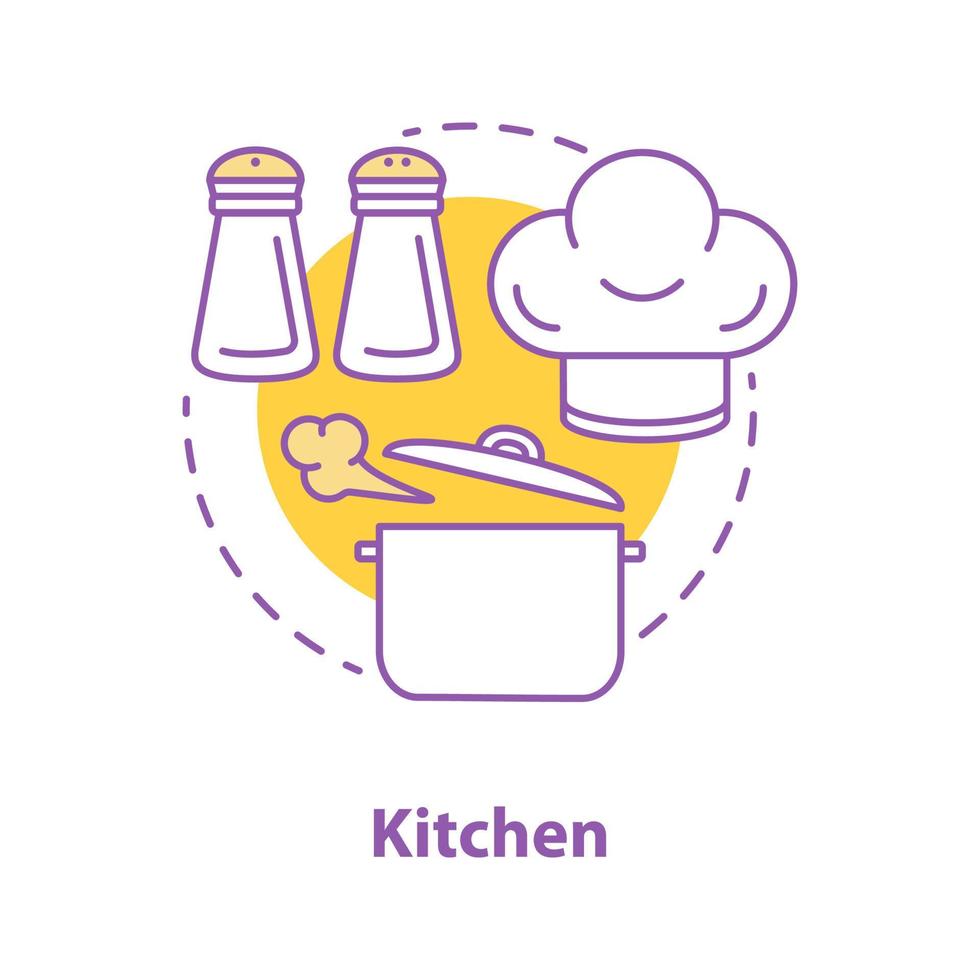 ícone do conceito de cozinha. ilustração de linha fina de ideia de preparação de alimentos. panela fervente, chapéu de chef, saleiro e pimenteiro. desenho de contorno isolado de vetor