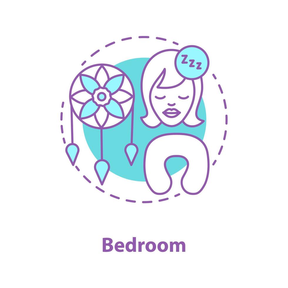 ícone do conceito de acessórios para dormir. ilustração de linha fina de ideia de quarto. mulher adormecida, travesseiro de pescoço e apanhador de sonhos. desenho de contorno isolado de vetor