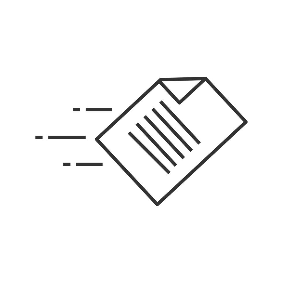 ícone linear de transferência rápida de dados. envio de arquivo. ilustração de linha fina. documento voador. símbolo de contorno. desenho de contorno isolado de vetor