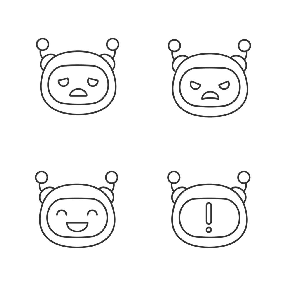 conjunto de ícones lineares de emojis de robô. emoticons do chatbot. smileys de bot de bate-papo tristes, zangados e felizes. notificação do chatbot. símbolos de contorno de linha fina. ilustrações isoladas de contorno vetorial. curso editável vetor