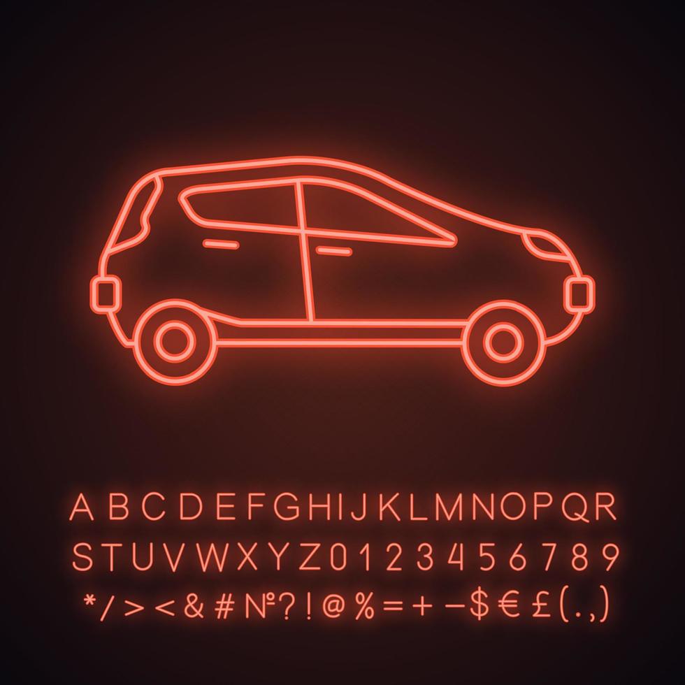 ícone de luz de néon de vista lateral do carro. automóvel. sinal brilhante com alfabeto, números e símbolos. ilustração isolada do vetor