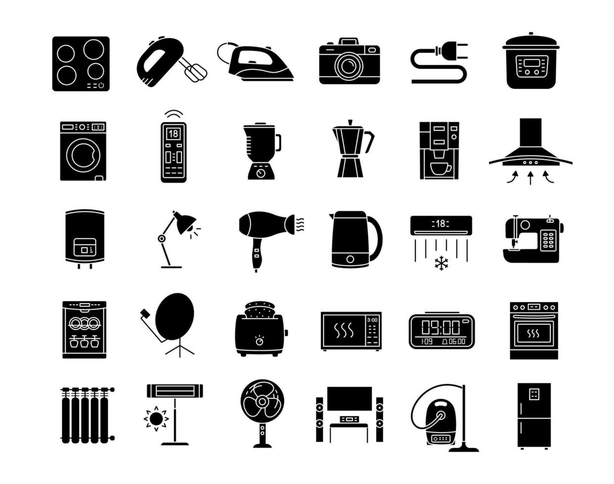conjunto de ícones de glifo do aparelho. eletrônicos domésticos e de cozinha. tecnologia doméstica. frigorifico, aspirador, maquina de lavar roupa, batedeira, maquina de lavar loiça, forno, fogão. símbolos de silhueta. ilustração isolada do vetor