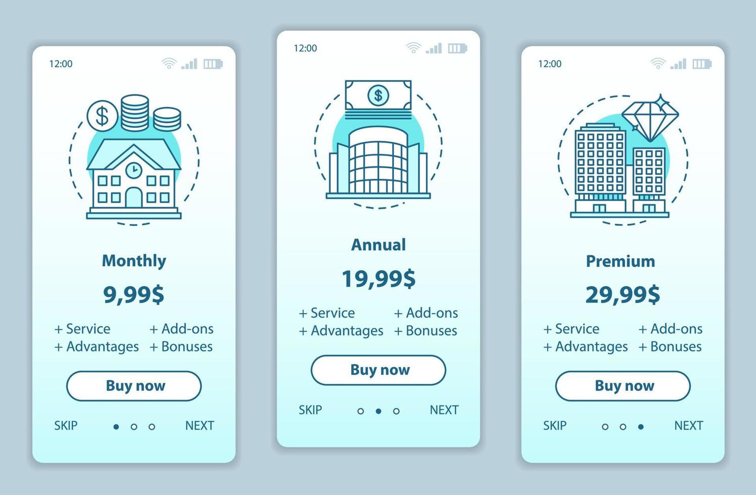 planos tarifários que integram modelos de vetor de telas de aplicativos móveis. interface de páginas do site passo a passo. preços de serviço premium mensais, anuais. layout de página da web de pagamento de assinatura de smartphone