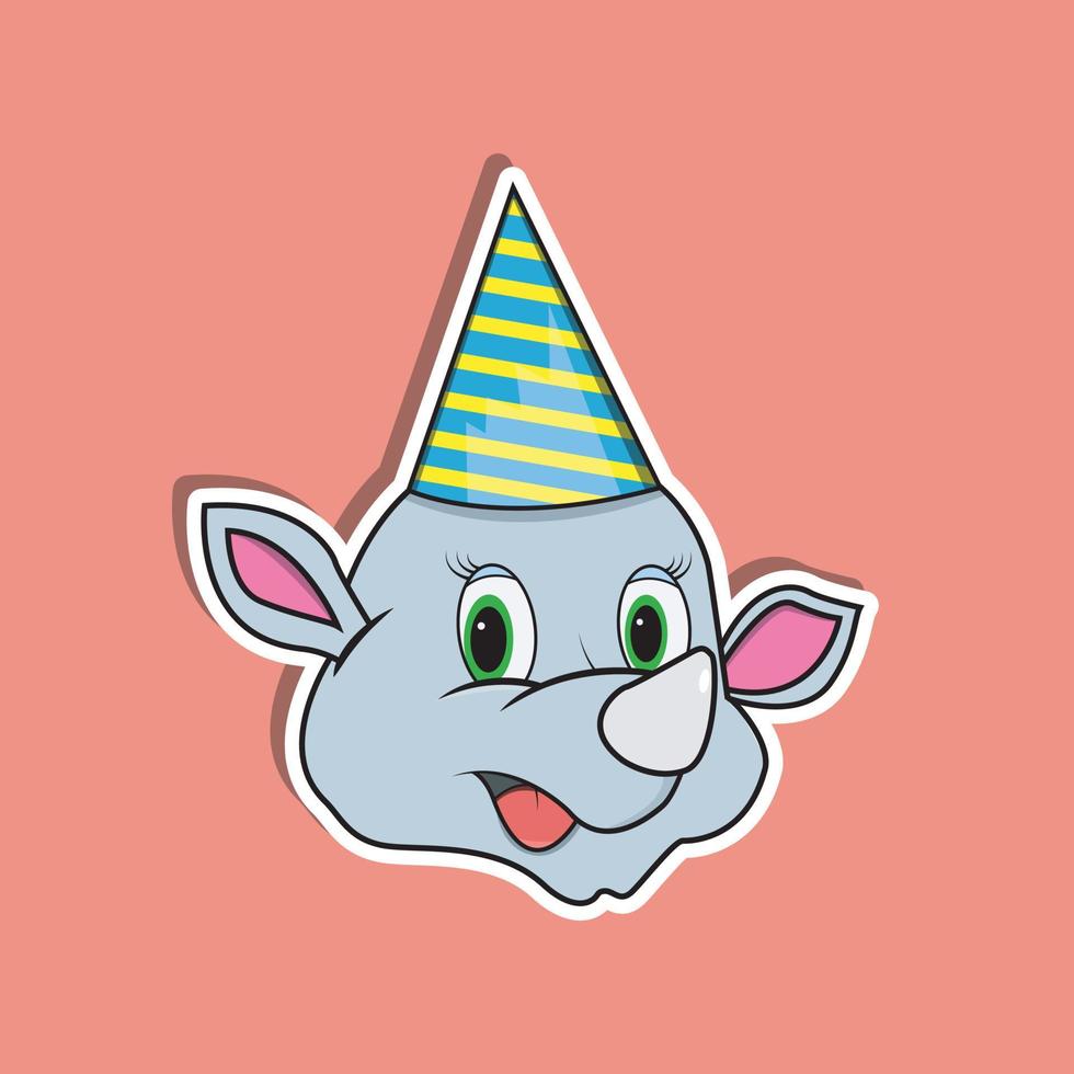 adesivo de rosto de animal com rinoceronte usando chapéu de festa. Design de personagem. vetor