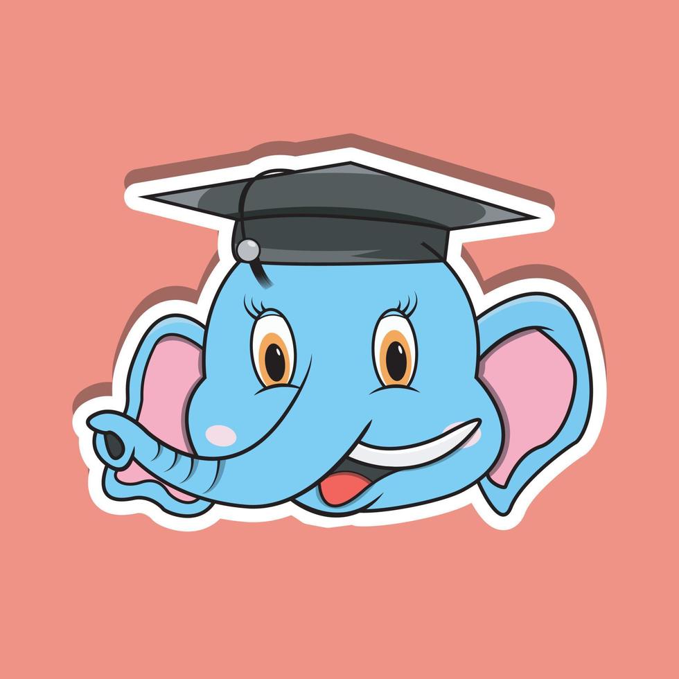 adesivo de rosto de animal com elefante usando chapéu de pós-graduação. Design de personagem. vetor