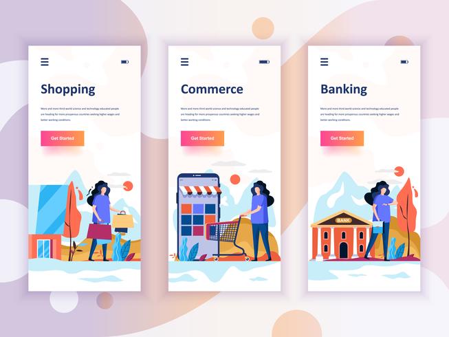 Conjunto de kit de interface de usuário de telas onboarding para compras, comércio eletrônico, serviços bancários, o conceito de modelos de aplicativo móvel. Modern UX, tela de interface do usuário para site móvel ou responsivo. Ilustração vetorial vetor