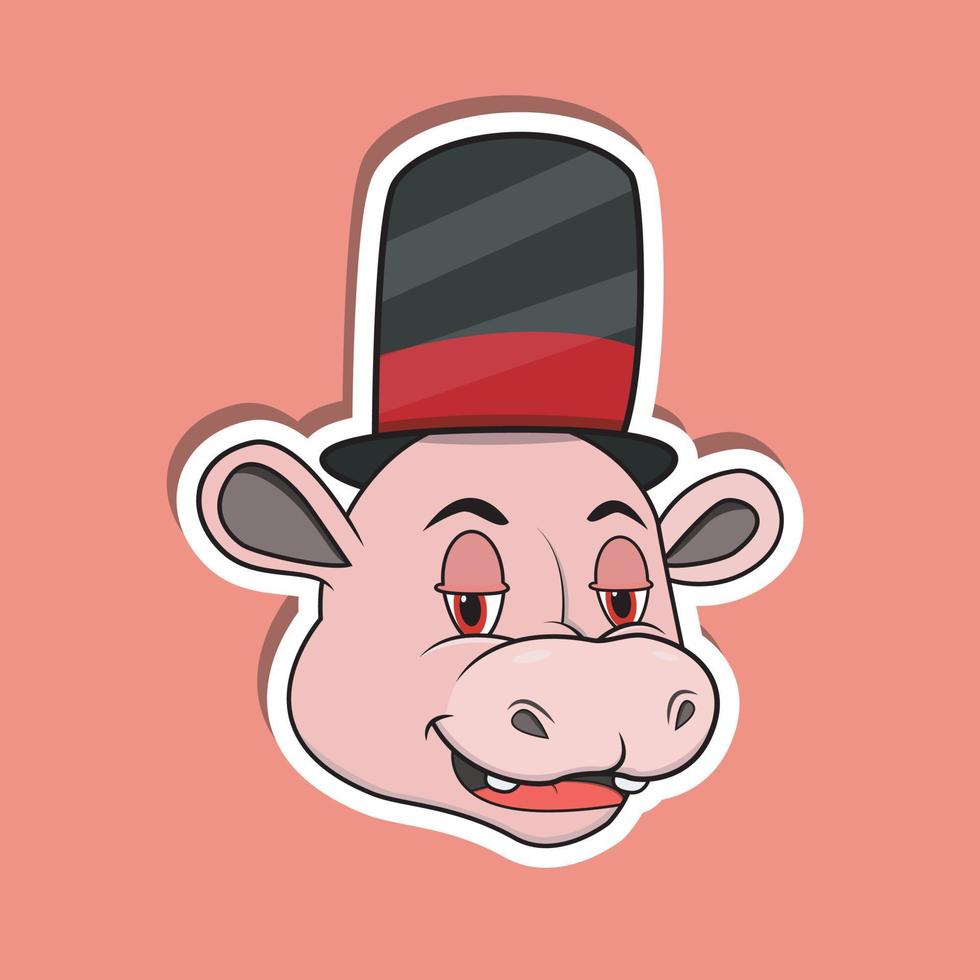 adesivo de rosto de animal com hipopótamo usando chapéu de circo. Design de personagem. vetor