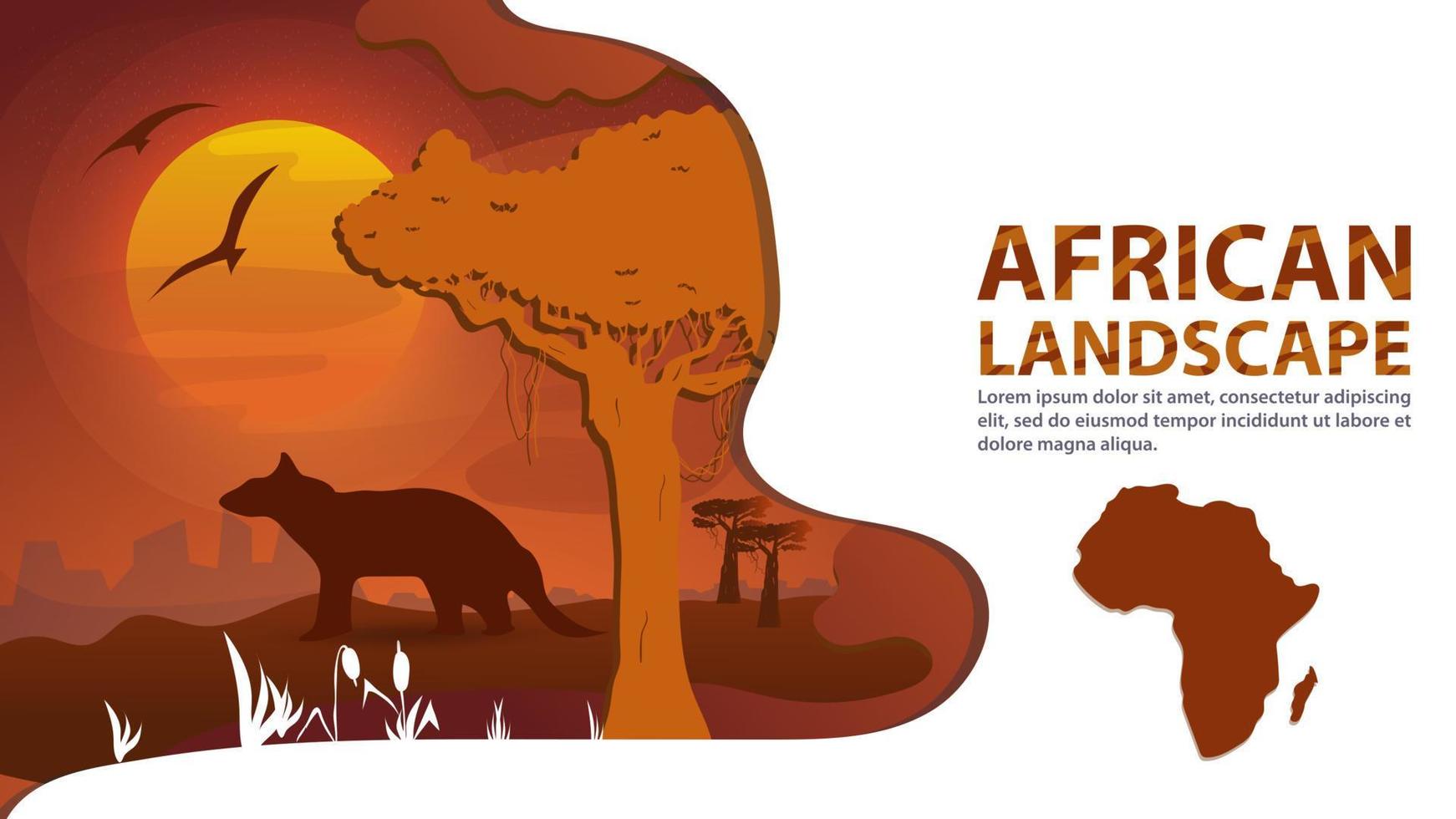 paisagem africana no estilo de papel cortado para o desenho do mangusto animal fica ao lado de uma árvore no fundo do pôr do sol vetor