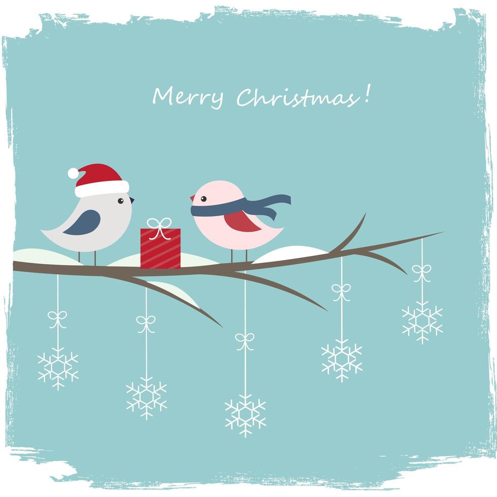 cartão de inverno com pássaros fofos e caixa de presente vetor