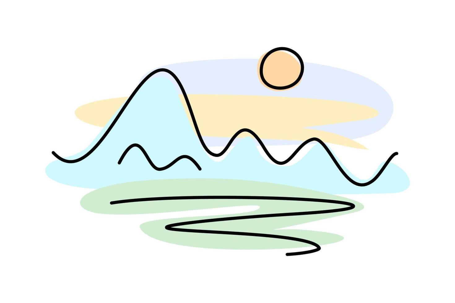 ilustração do sol de montanhas em fundo branco. paisagem montanhosa - logotipo colorido de linha fina vetor