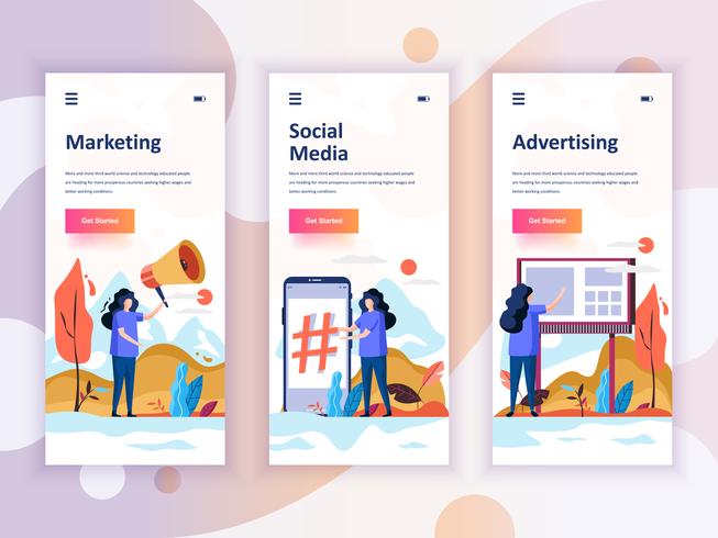 Conjunto de kit de interface de usuário de telas onboarding para Marketing, Social Media, publicidade, conceito de modelos de aplicativo móvel. Modern UX, tela de interface do usuário para site móvel ou responsivo. Ilustração vetorial vetor