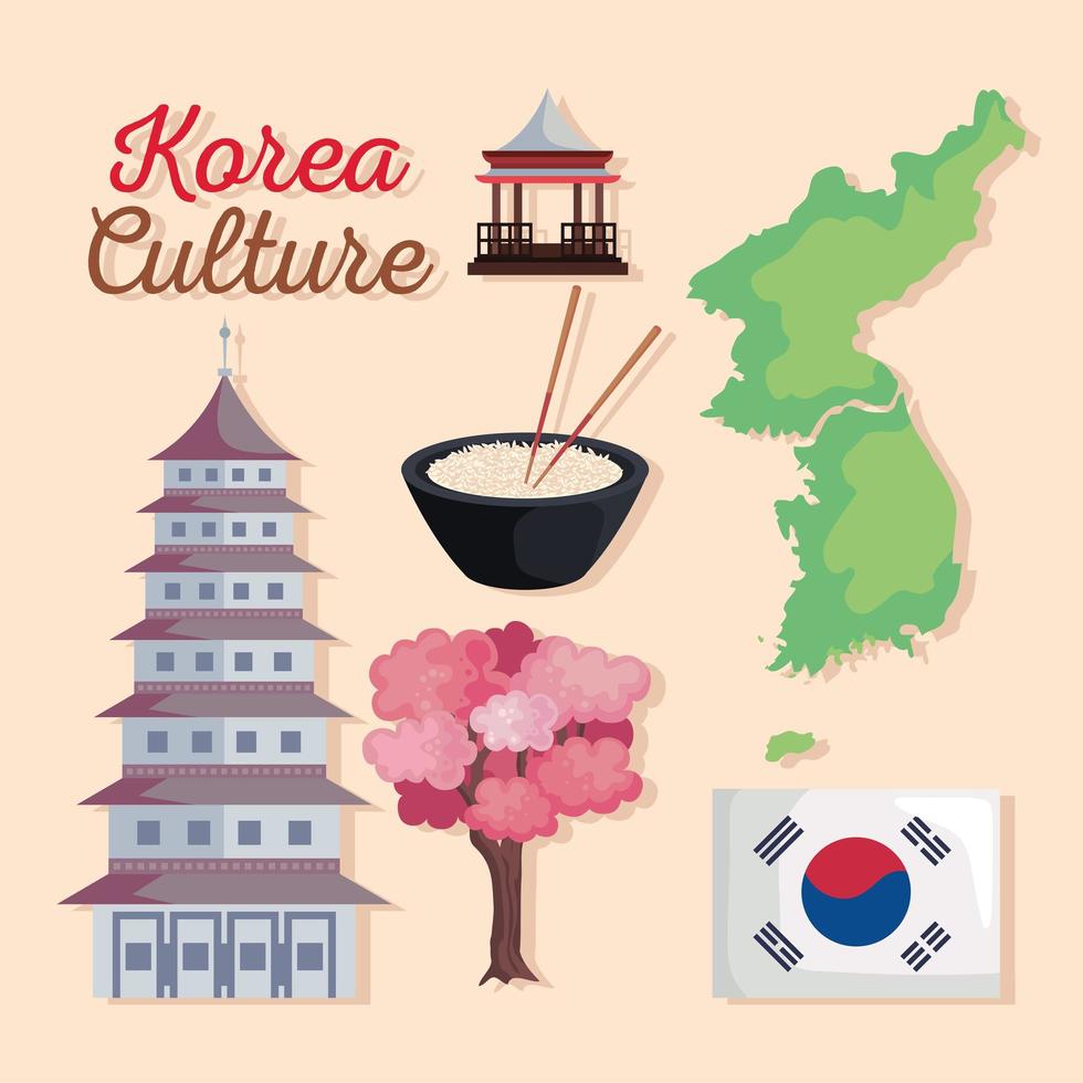 seis ícones da cultura coreana vetor